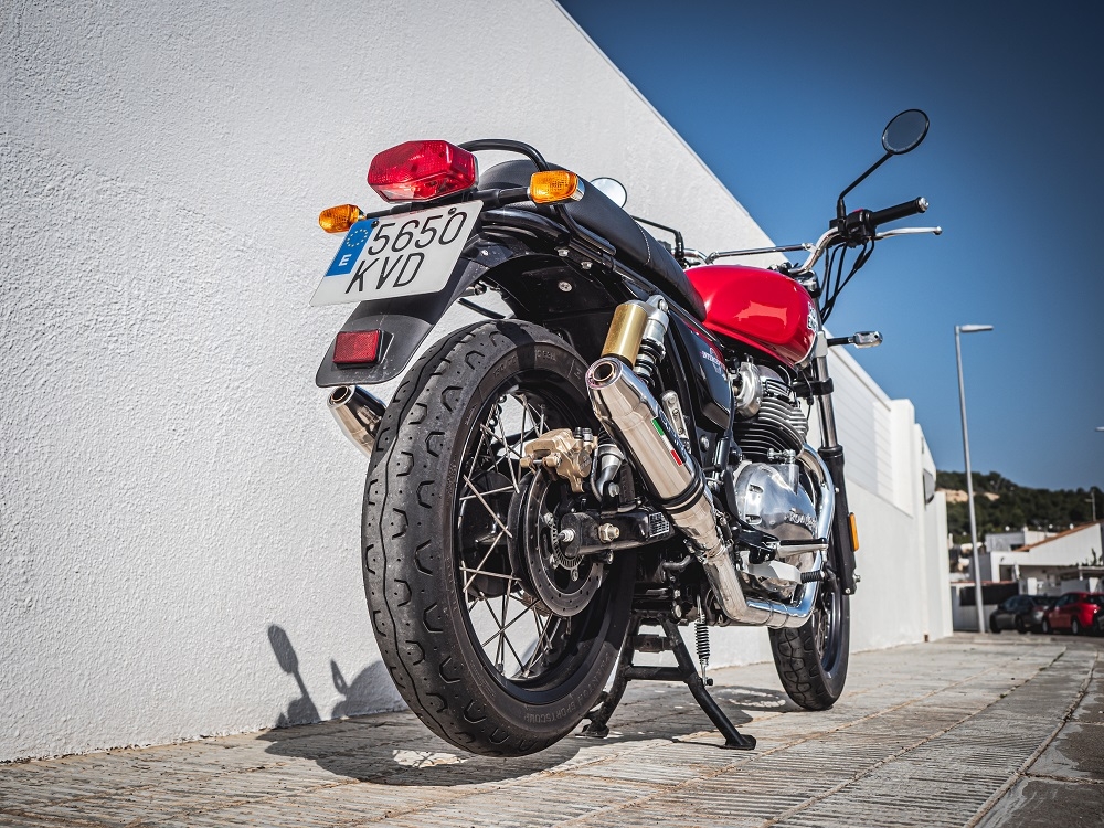 Escape compatível com Royal Enfield Interceptor 650 2021-2025, Deeptone Inox, Par de terminais de exaustão aprovados, com db killer removível, catalisadores e tubo de conexão específico 