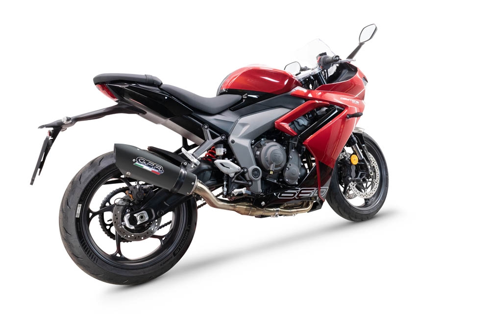 GPR escape compatível com  Triumph Daytona 660 2023-2025, New Grand Prix Evo Black Titanium, Sistema homologado com catalisador linha completa, silencioso mais coletor 