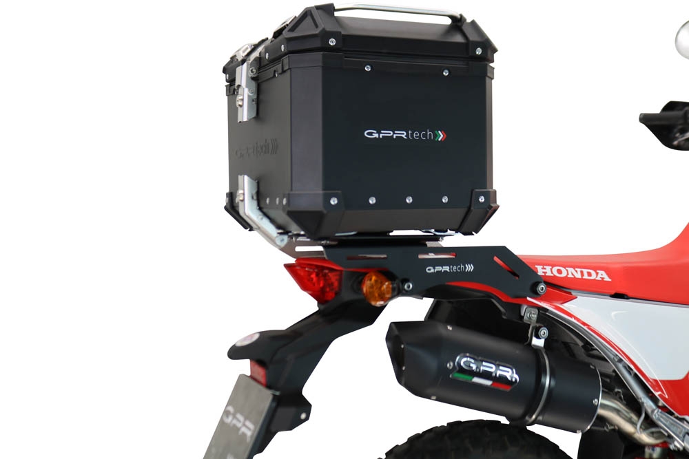 Top case em alumínio, com porta-bagagens específico em alumínio cor preto com placa específica incluída Top case maletas GPR TECH compatível com Honda Crf 300 L / Rally 2021/2024 e5