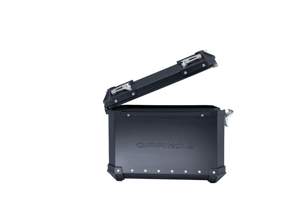 Par de malas laterais em alumínio com o lado direito contornado, cor preta com porta-bagagem específico GPR TECH compatível com  Bmw F 750 Gs 2021/2024 e5