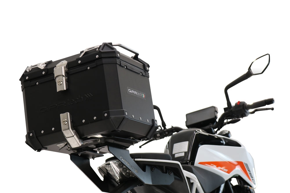 Top case em alumínio, com porta-bagagens específico em alumínio cor preto com placa específica incluída Top case maletas GPR TECH compatível com Ktm Duke 125 2021/2023 e5