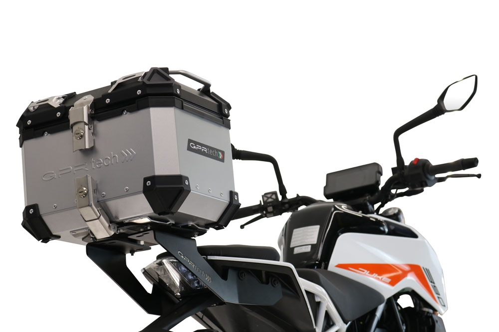 Top case em alumínio, com porta-bagagens específico em alumínio cor preto com placa específica incluída Top case maletas GPR TECH compatível com Ktm Duke 390 2021/2023 e5