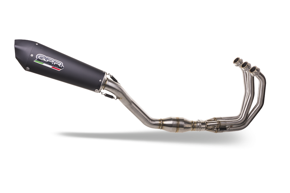 GPR escape compatível com  Triumph Daytona 660 2023-2025, New Grand Prix Evo Black Titanium, Sistema homologado com catalisador linha completa, silencioso mais coletor 