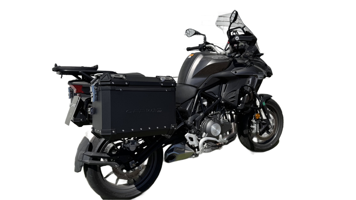 GPR TECH compatível com  Benelli Trk 502 2017/2020 e4 Par de malas laterais em alumínio cor preta com porta-bagagem específico Capacidade 38 LT. + 38 LT.