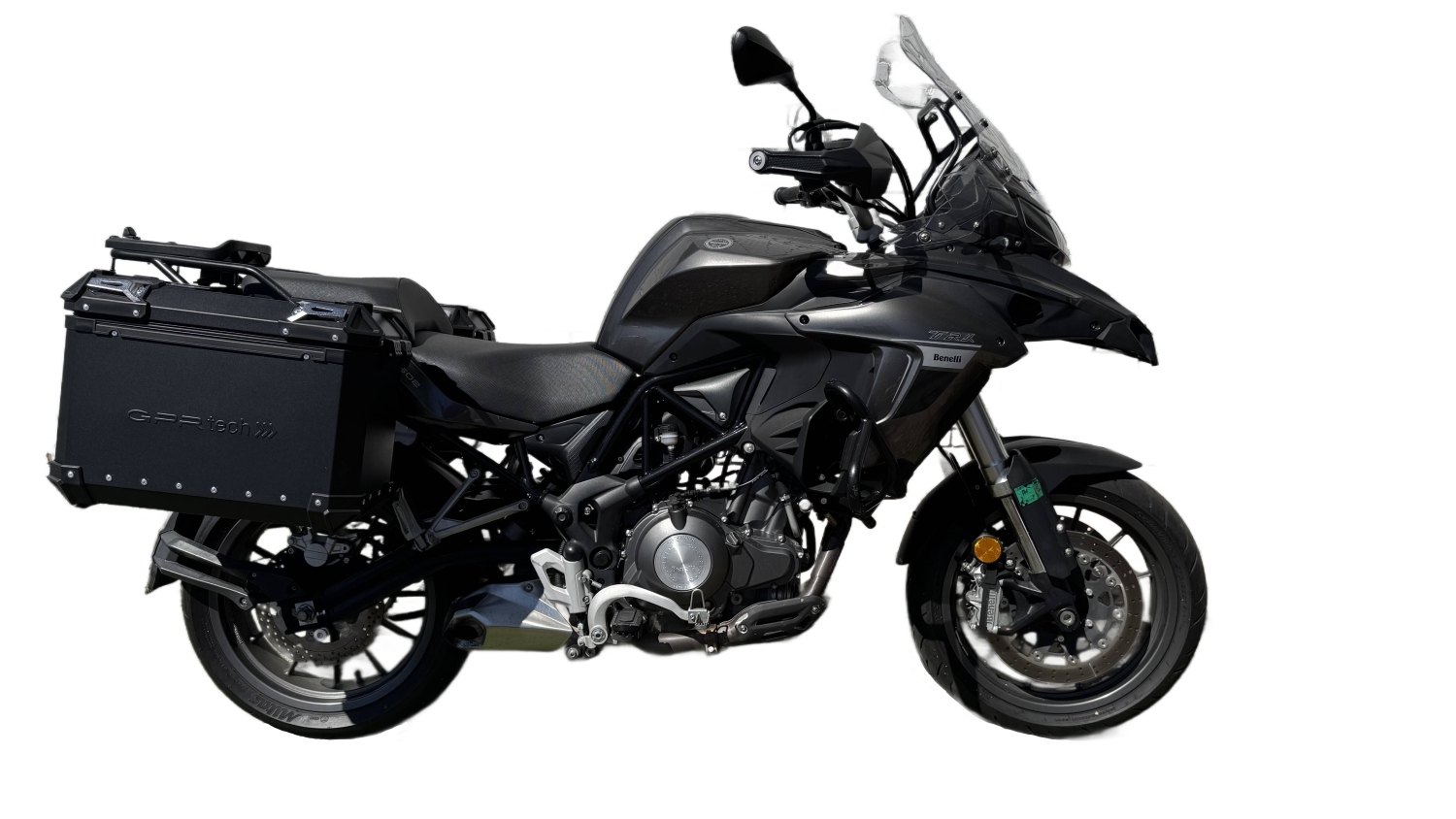 GPR TECH compatível com  Benelli Trk 502 2017/2020 e4 Par de malas laterais em alumínio cor preta com porta-bagagem específico Capacidade 38 LT. + 38 LT.
