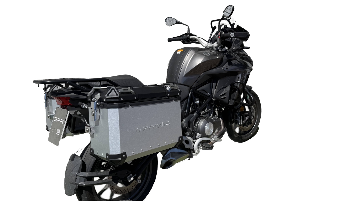 GPR TECH compatível com  Benelli Trk 502 X 2017/2020 e4 Par de malas laterais em alumínio cor prata com porta-bagagem específico Capacidade 38 LT. + 38 LT.