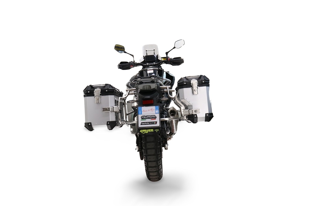 GPR TECH compatível com  Cf Moto 450MT 2023/2025 Euro5 Plus Par de malas laterais em alumínio com o lado direito contornado, cor prata com porta-bagagem específico Capacidade 38 LT. + 32 LT.