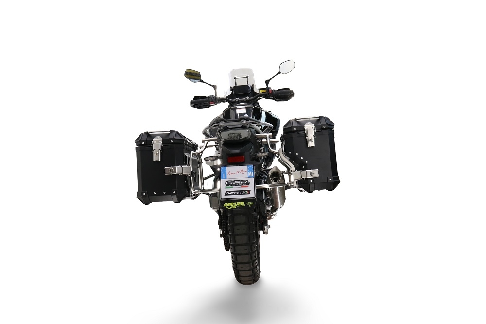 GPR TECH compatível com  Cf Moto 450MT 2023/2025 Euro5 Plus Par de malas laterais em alumínio com o lado direito contornado, cor preta com porta-bagagem específico Capacidade 38 LT. + 32 LT.