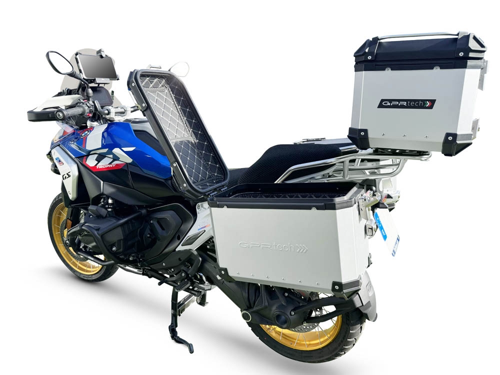 GPR TECH compatível com  Bmw R 1300 GS Adventure 2023/2025 Kit tríptico fabricado em cor prata, com Top case 35 Lt + Side Cases 38 Lt + 38 Lt + suporte de rack geral cor prata Capacidade do baú superior 35 litros + capacidade dos baús laterais 38 litros +