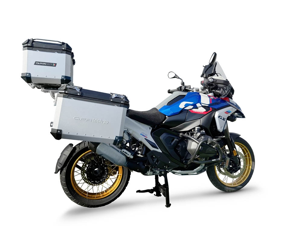 GPR TECH compatível com  Bmw R 1300 GS Adventure 2023/2025 Kit tríptico fabricado em cor prata, com Top case 35 Lt + Side Cases 38 Lt + 38 Lt + suporte de rack geral cor prata Capacidade do baú superior 35 litros + capacidade dos baús laterais 38 litros +