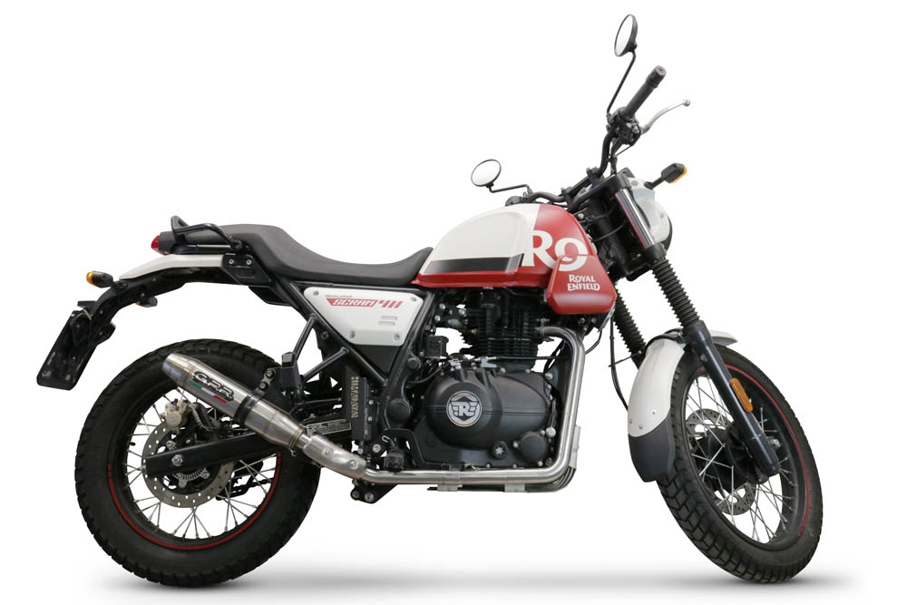 GPR escape compatível com  Royal Enfield Scram 411 2022-2024, Deeptone Inox, Sistema racing Silencioso com tubo de ligação 