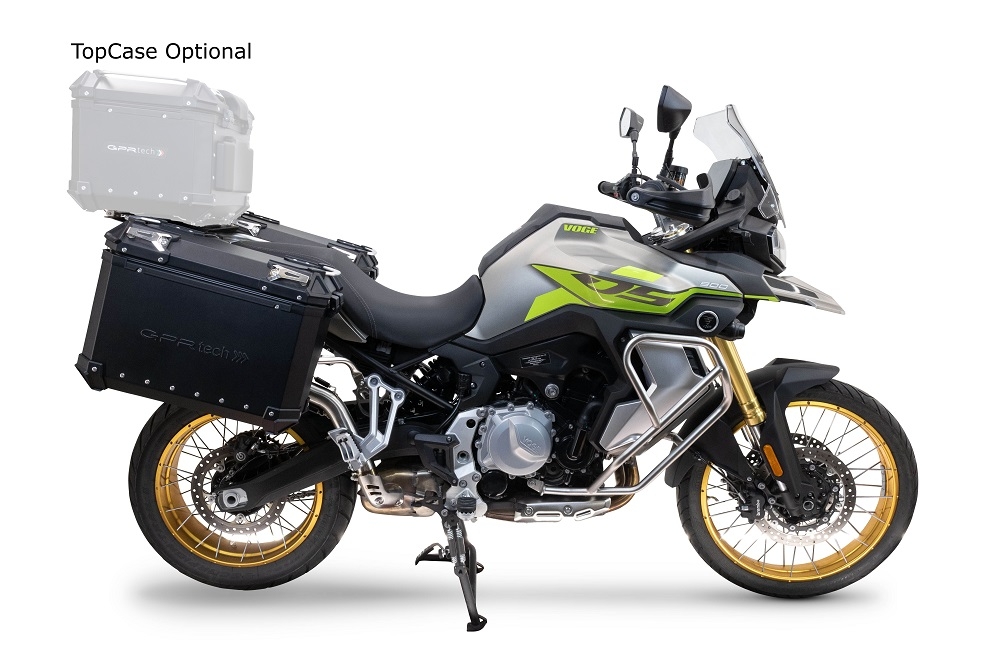 Par de malas laterais em alumínio  cor preta com o lado direito contornado,com porta-bagagem específico cor negro GPR TECH compatível com  Voge 900DSX 2024/2025 e5