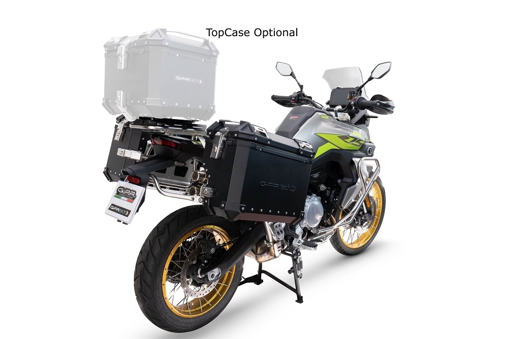 Par de malas laterais em alumínio  cor preta com o lado direito contornado,com porta-bagagem específico cor negro GPR TECH compatível com  Voge 900DSX 2024/2025 e5