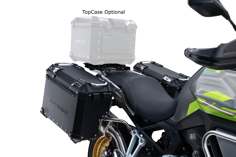 Par de malas laterais em alumínio  cor preta com o lado direito contornado,com porta-bagagem específico cor negro GPR TECH compatível com  Voge 900DSX 2024/2025 e5
